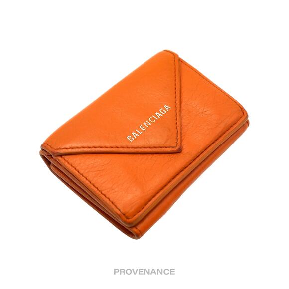 🔴 Balenciaga Logo Print Trifold Wallet - Orange Leather - Picture 3 of 8